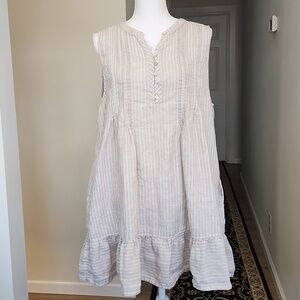 Lucky Brand 100% Linen Sleeveless Tan Beige Stripes Mini Dress Size XL